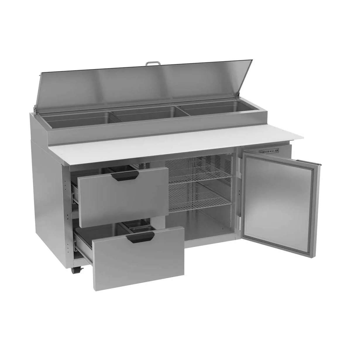 Beverage-Air DPD67HC-2 67" 2-Section Refrigerated Pizza Prep Table w/ 1 Door & 2 Drawers
