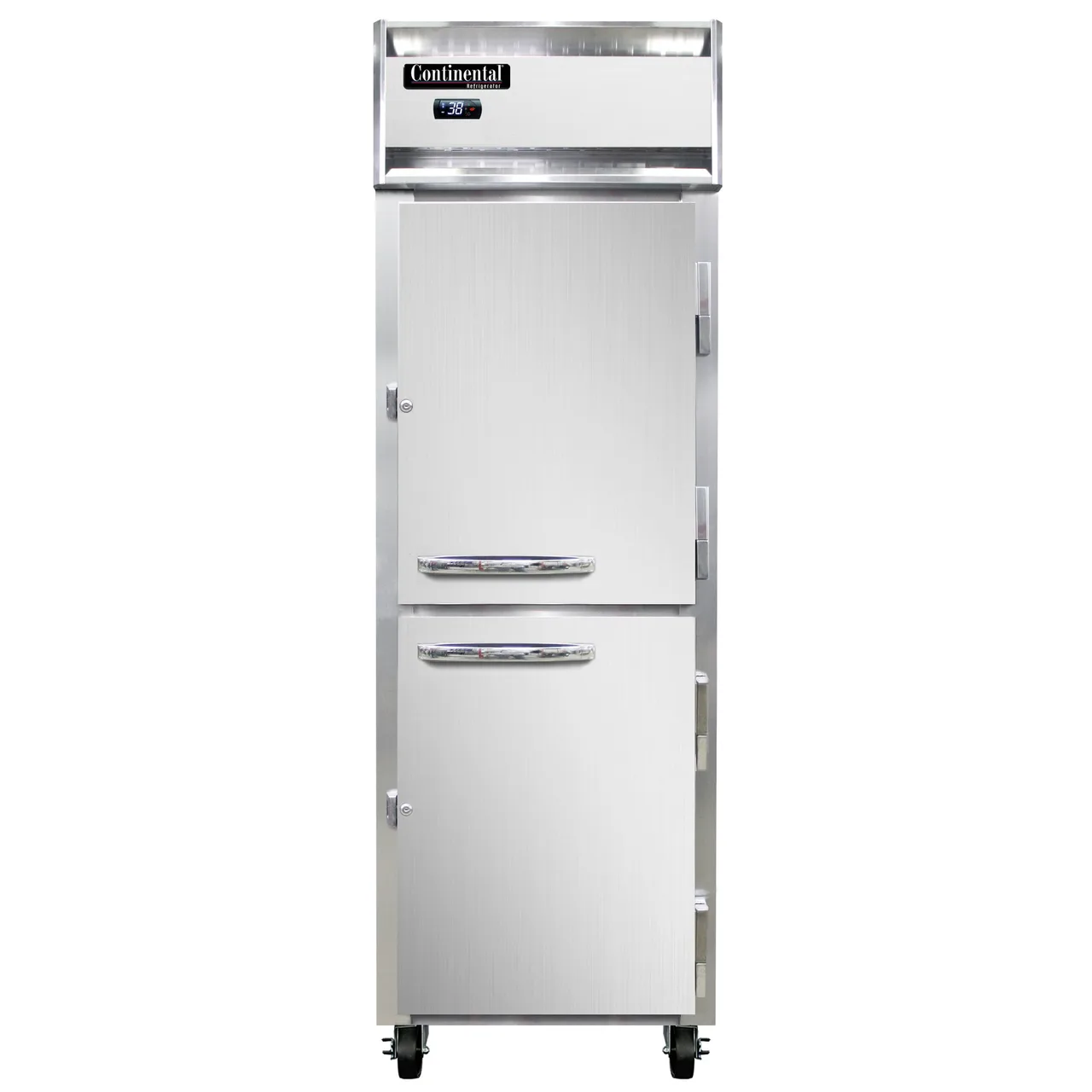Continental Refrigerator 1RNPTHD 26" 1-Section Pass-Thru Refrigerator w/ 4 Half Solid Doors, Stainless Steel Front Aluminum Ends, 21 cu. ft.