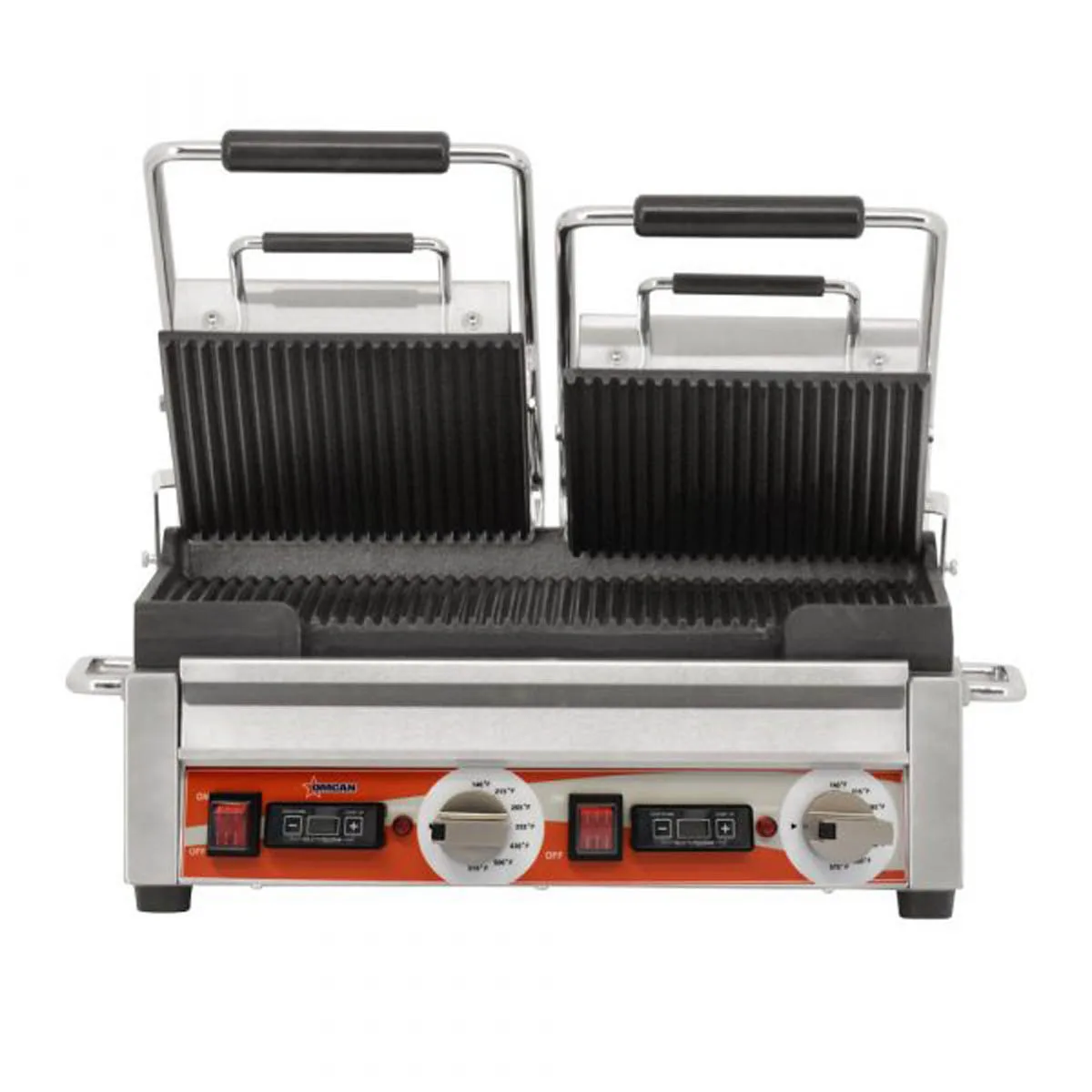 Omcan USA 42914 Double Sandwich Panini Grill w/ Timer, 18" x 10" Grooved Plates, 220V