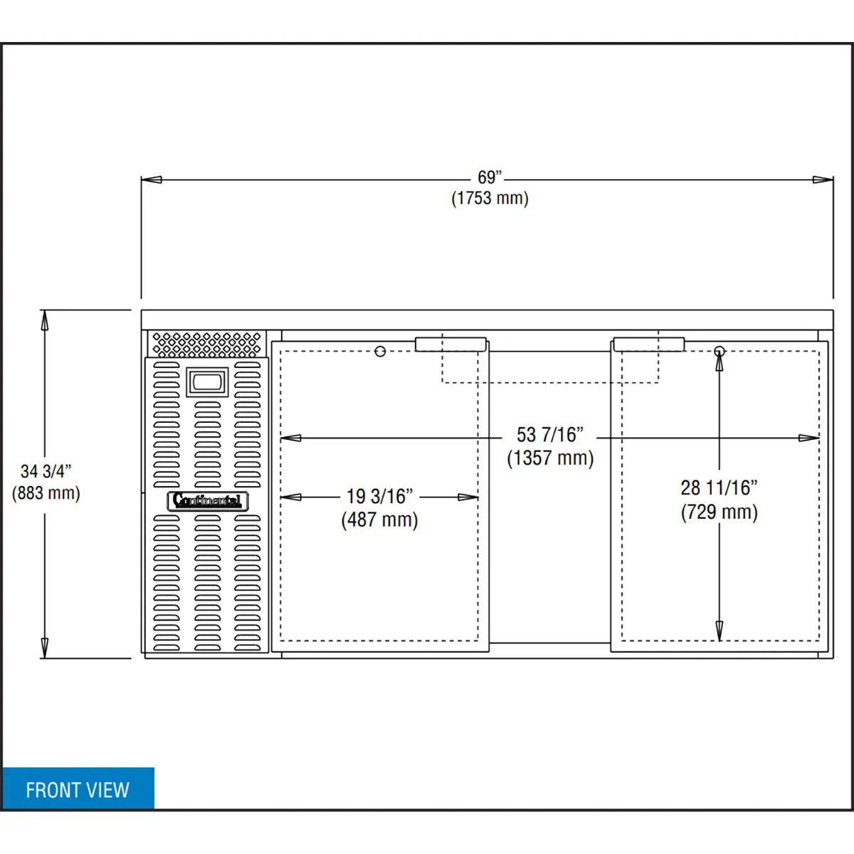Continental Refrigerator BB69N Refrigerated Back Bar Cooler w/ 2 Solid Doors, 26 Cu Ft, 69" W