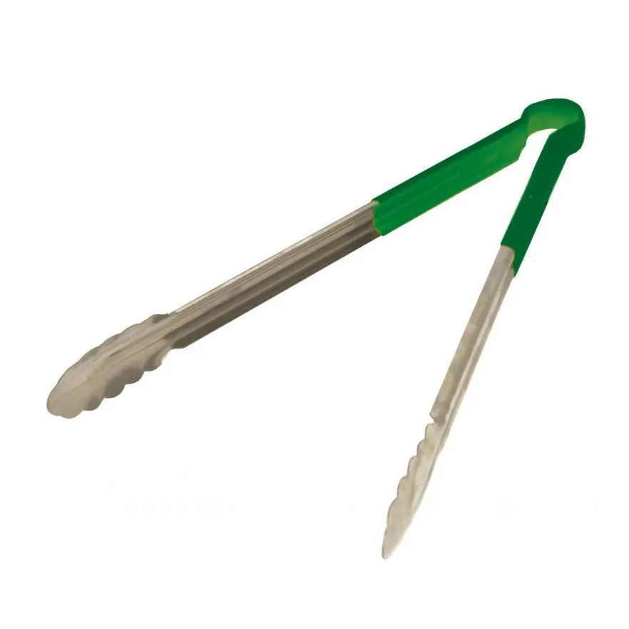 Omcan USA 80549 Utility Tongs – 14-16" Stainless Steel Tongs with Green Plastic Coated Handle