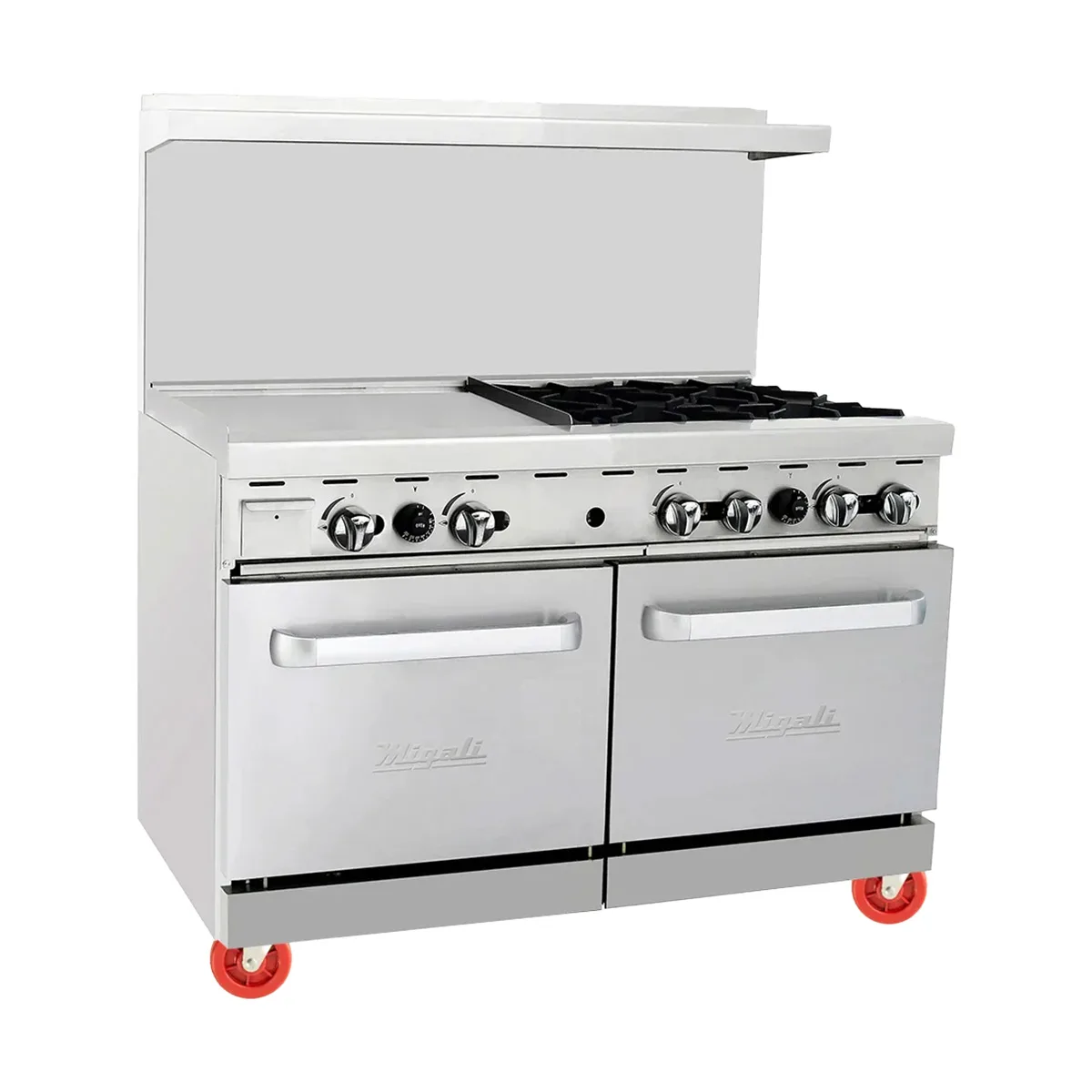 Migali C-RO4B-24GL-LP 4 Burner 48" LP Gas Range, 24" Griddle, 2 Space Saver Ovens, 188.000 BTU