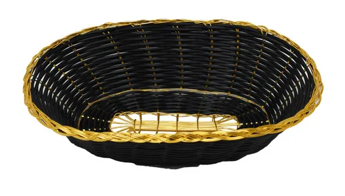 Omcan USA 47194 - Woven Long Oval Food Display Basket, 9"D x 6.25"W x 2.25"H, Black with Golden Trim