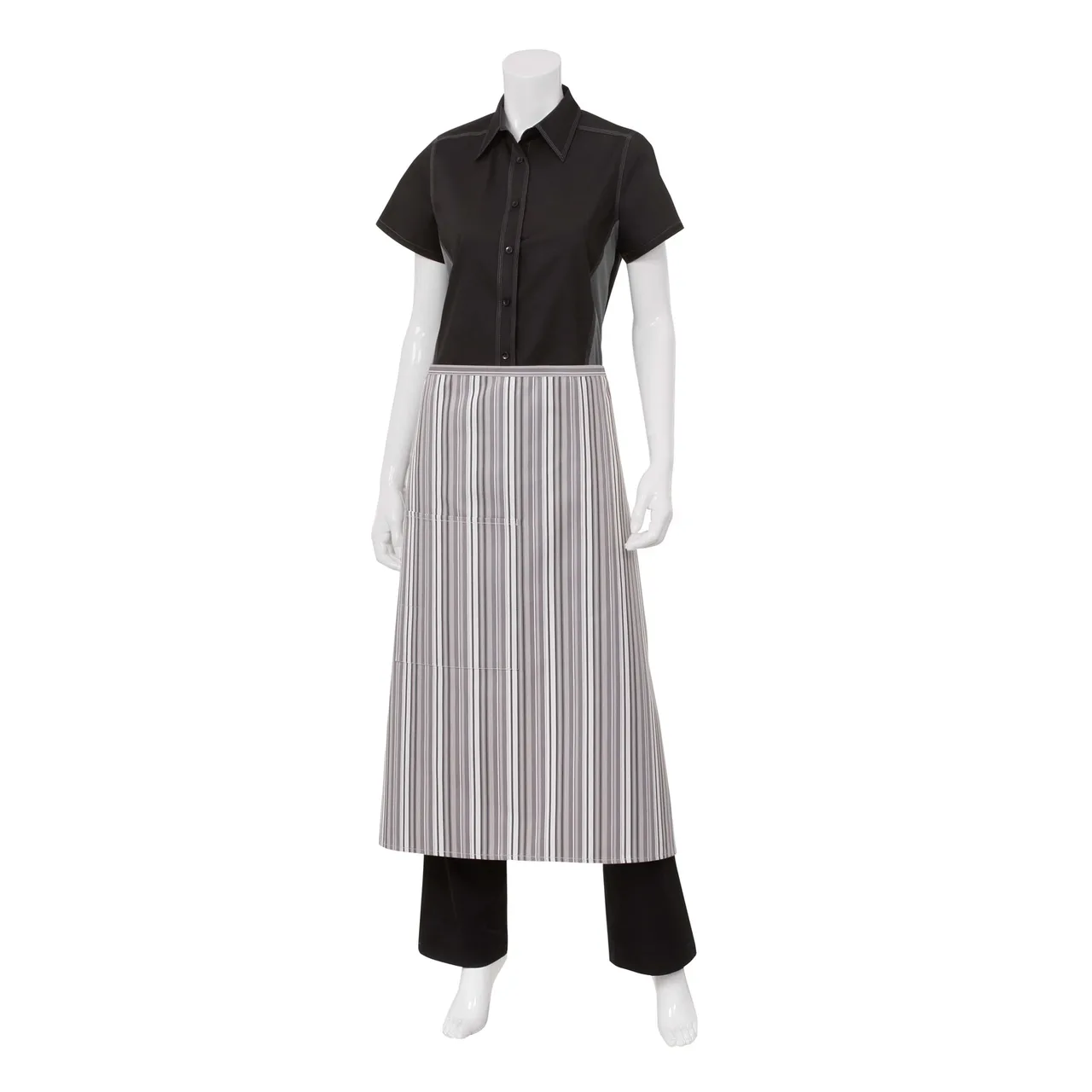 Chef Works F24 -BWP-0 Waist Apron, 32"L x 27-1/2"W, Black Pinstripe, 65/35 Poly/Cotton, Patch Pocket