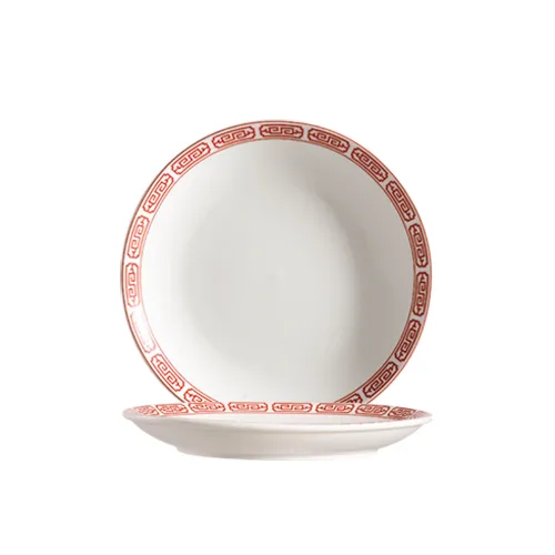 CAC China 105-21C Red Gate Plate, 12" Dia x 1.5" H, Coupe, Red/Bone, Dishwasher Safe - Dozen