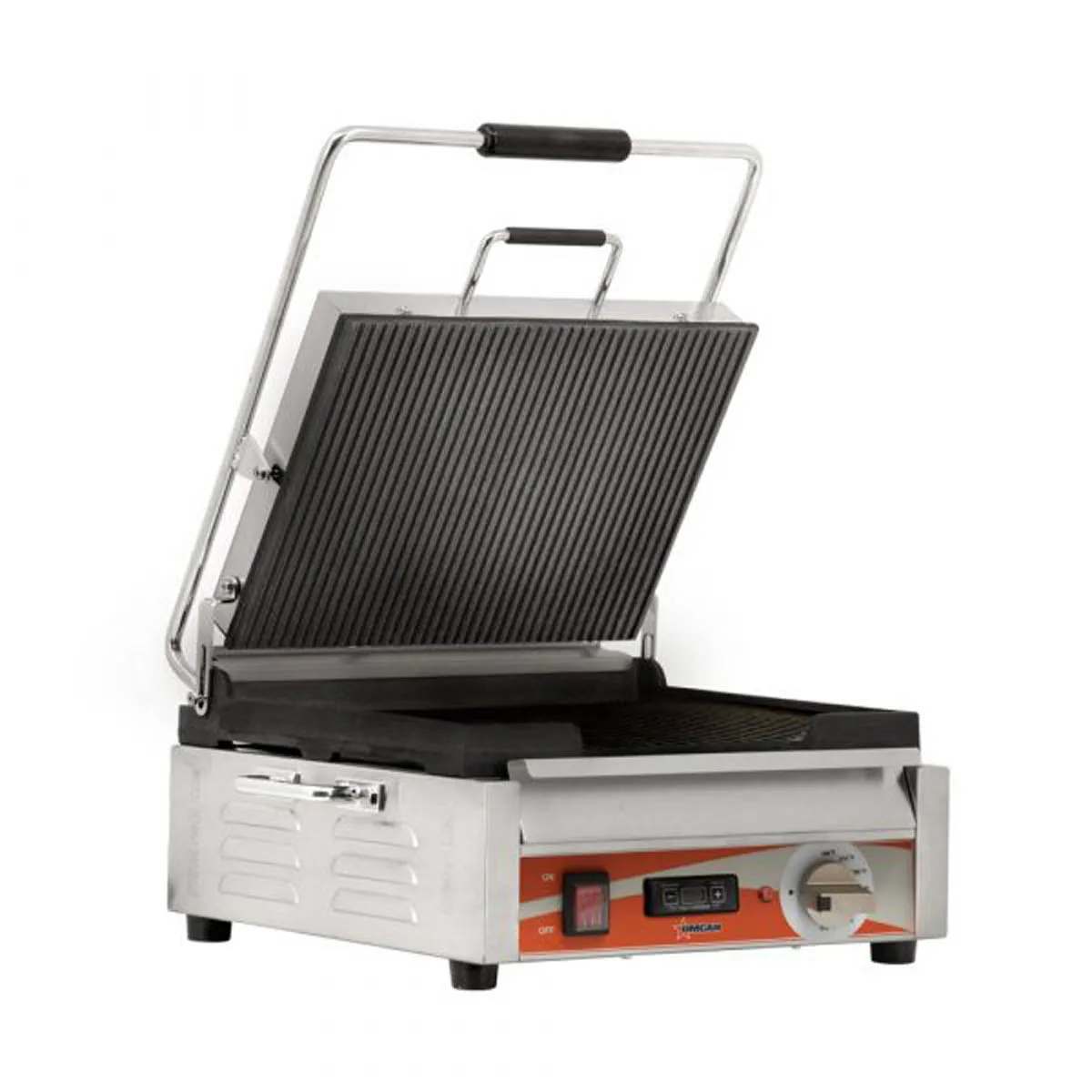 Omcan USA 42912 Single Sandwich Panini Grill w/ Timer, 15" x 12" Grooved Plates, 120V