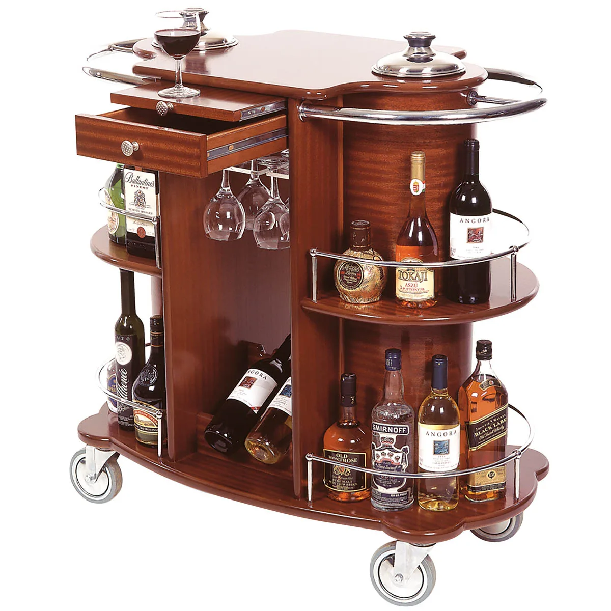 Lakeside 70260 Liquor Cart w/ Oval Top and 2 Shelves, 1 Acrylic Glass Rack, 2 Ice Buckets