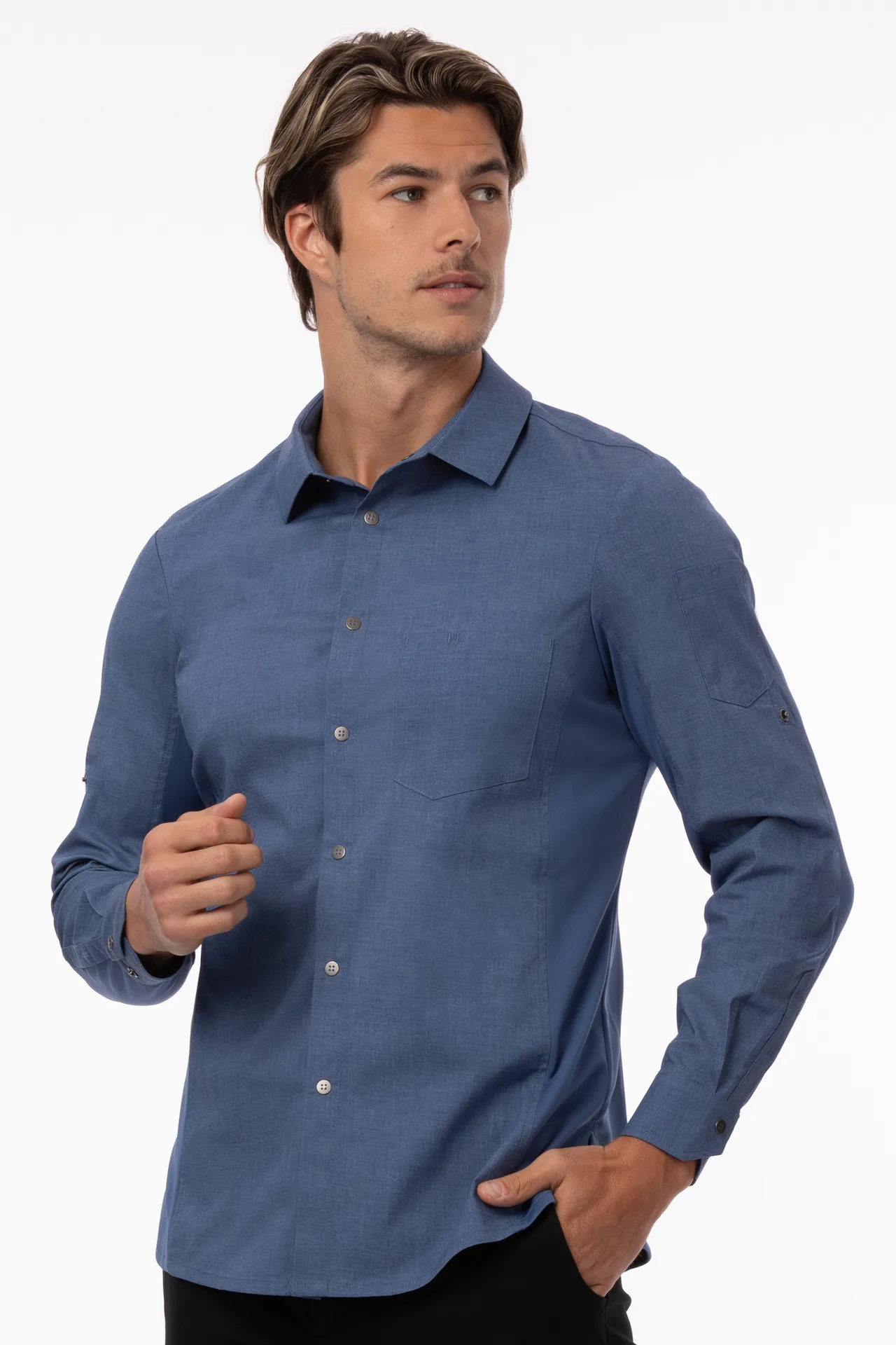 Chef Works SES02-BLU-S Men's Utility Cook Shirt, Small, Blue, Long Sleeve, Poly Cotton, Button Front