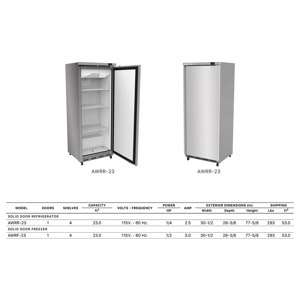 Asber AWRF-23 28" 1-Solid Door Reach-In Freezer, Bottom Mount, 23 cu. ft., Stainless Steel Front
