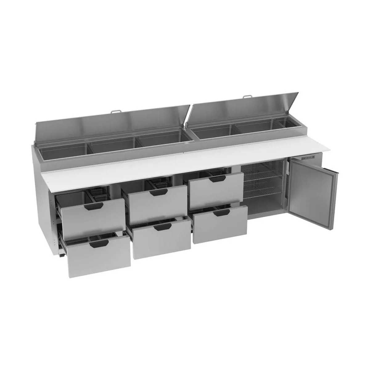 Beverage-Air DPD119HC-6 119" 4-Section Refrigerated Pizza Prep Table w/ 1 Door & 6 Drawers