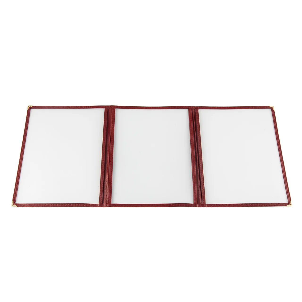 CAC China MCP3-911BY Menu Cover - Vinyl, 8½" x 11", Burgundy Trim, Brass Corners, Double‑Sided View