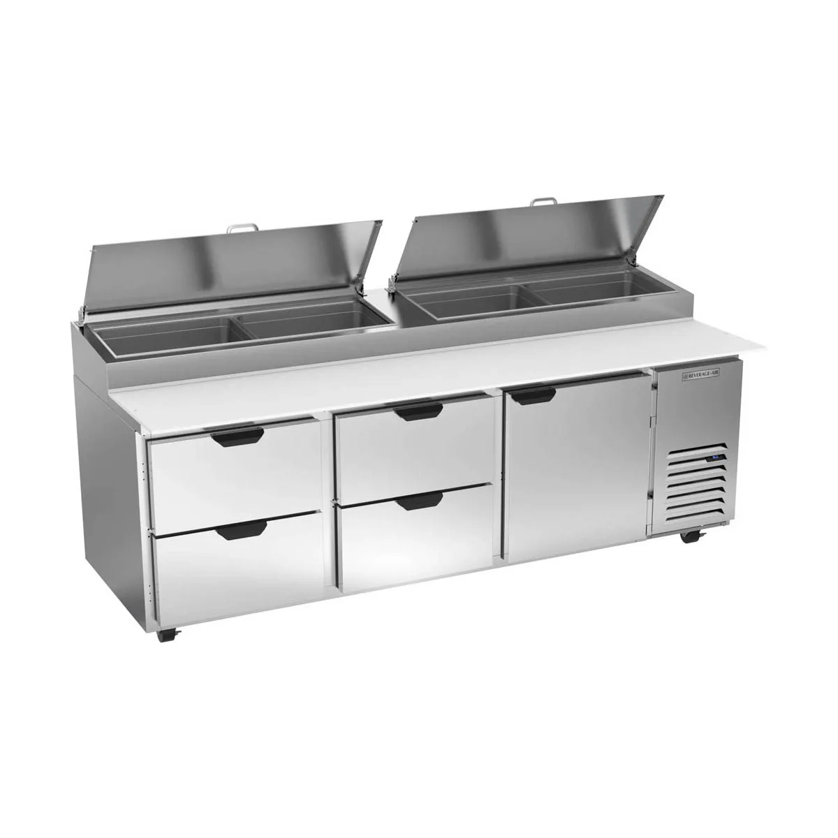 Beverage Air DPD93HC-4 93" 3-Section Refrigerated Pizza Prep Table w/ 1 Door & 4 Drawers