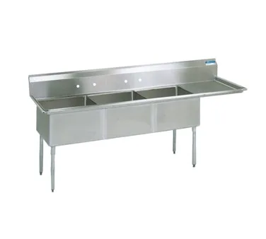 BK Resources BKS-3-24-14-24R 98" Three Compartment Sink, 24"W x 24"L Bowl w/Right-Hand Drainboard