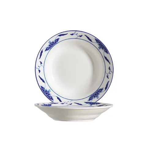 CAC China 103-38 Blue Lotus Soup Plate, 8" Dia., 1-3/4" H, 8 oz, Porcelain, Blue/Bone White- 1 Dozen