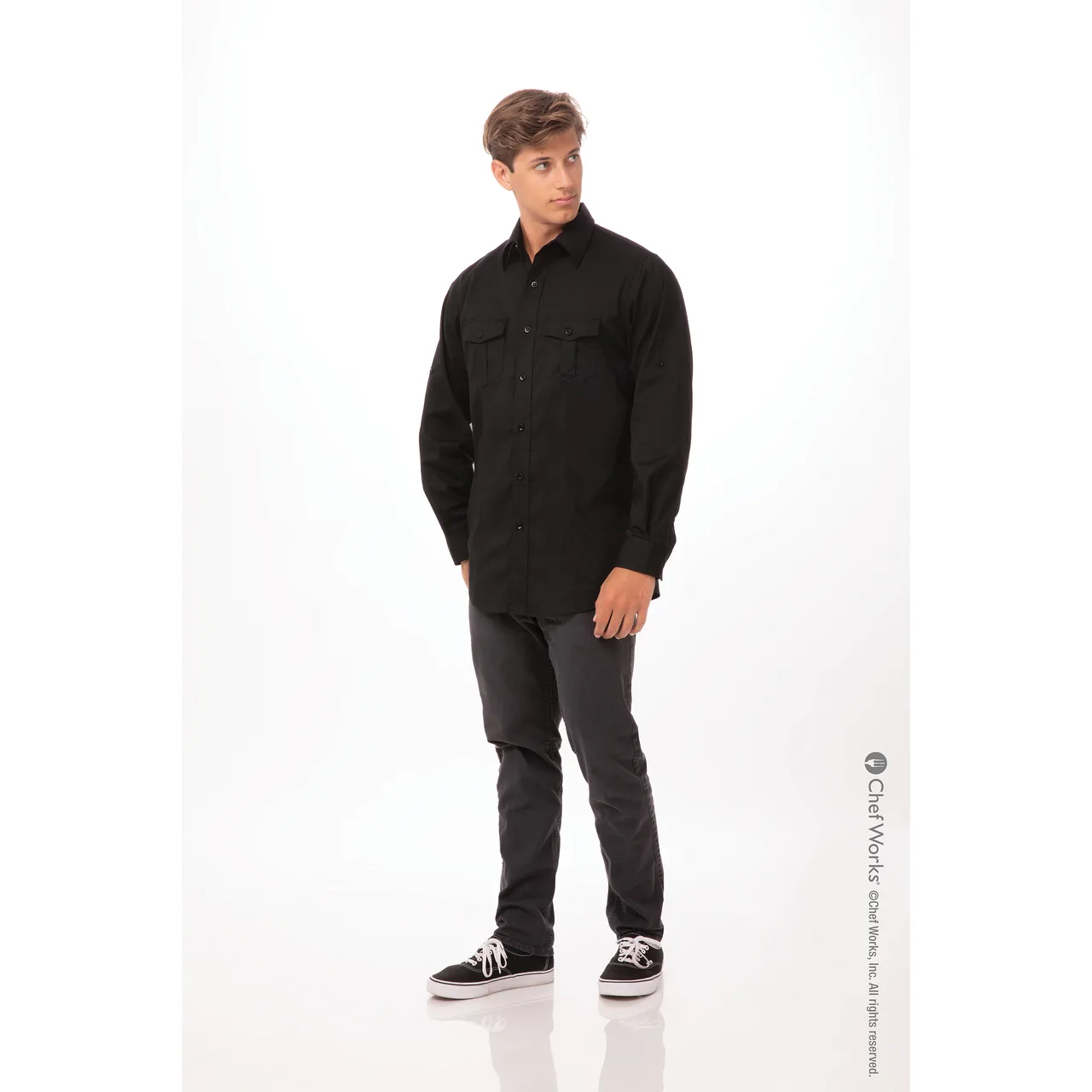 Chef Works DPDS-BLK-3XL Men's Pilot Shirt, 3XL, Black, Poly/Cotton/Elastane
