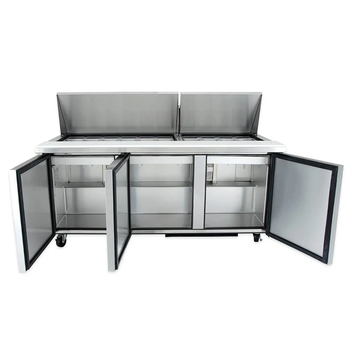 True TSSU-72-30M-B-ST-HC~SPEC3 72" Mega Top Sandwich/Salad Prep Table w/ 3 Doors, 30 Pans