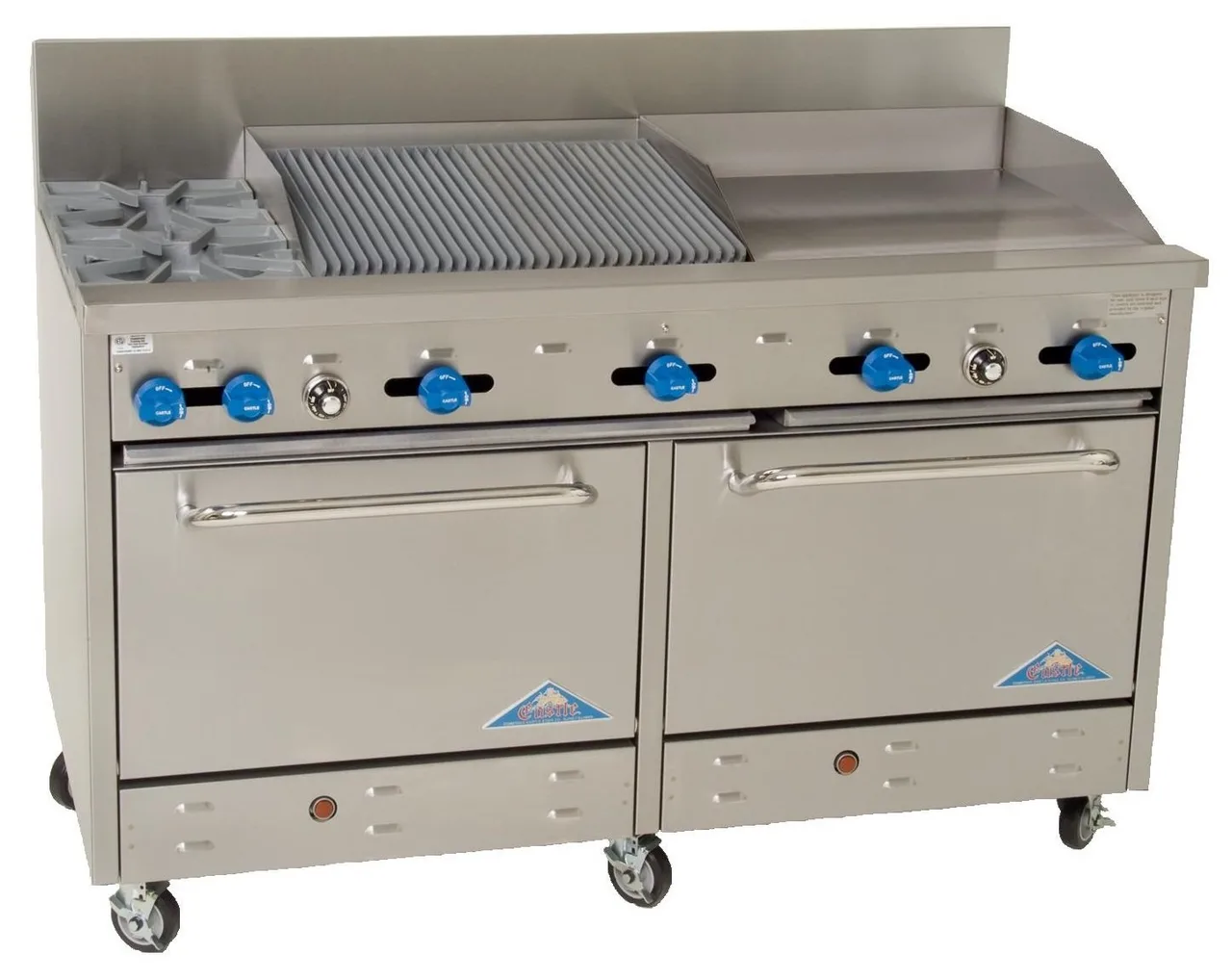 Comstock-Castle F33033-30-2.5RB 72" Gas Restaurant Range w/ (2) Open Burners, (1) 20" Griddle, (1) 30" Charbroiler, (1) Standard Oven, (1) Cabinet Base, 236.000 BTU
