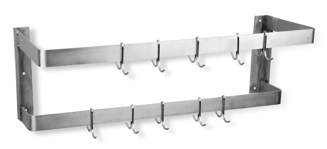 Steel Works SW-96 Stainless Steel Wall Mount Double Bar Pot Rack w/ (16) Double Hooks