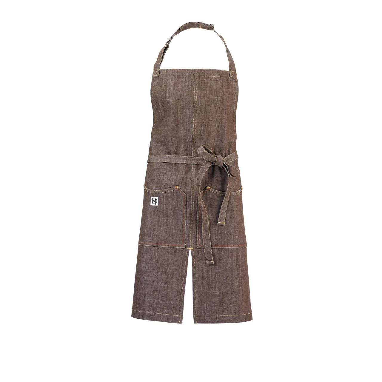 Mercer M63203BRN Bib Apron – 30" x 34", 43" split ties, adjustable neck strap, 2 large pockets, 100% cotton denim, brown
