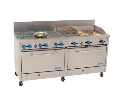 Comstock-Castle 2F330-18-1.5RB 72" Gas Restaurant Range w/ (6) Open Burners, (1) 18" Griddle, (1) 18" Charbroiler, (2) Standard Ovens, 298.000 BTU