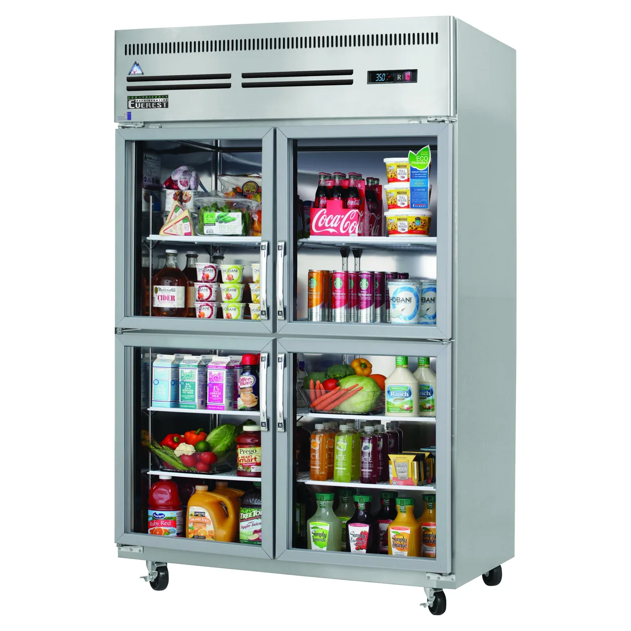 Everest ESGRH4 49" 2-Section Reach-In Refrigerator w/ 4 Glass Half Doors, Top Mount, Stainless Steel, 48 cu. ft.