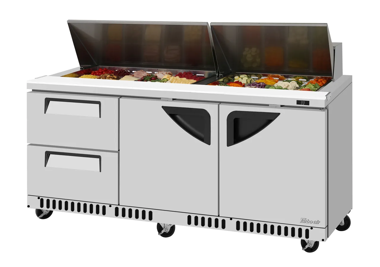 Turbo Air TST-72SD-D2LR-FB-N 72-5/8" 3-Section Sandwich & Salad Prep Table, 2 Drawers, 18 Pans, Stainless Steel