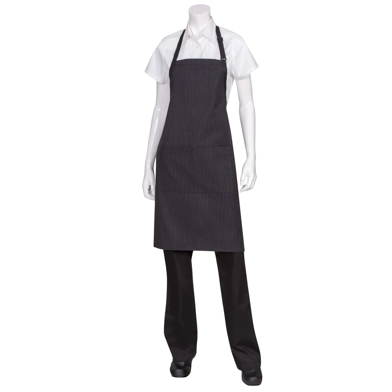 Chef Works AB012-PNS-0 Bib Apron, 34"L x 24"W, Strap, BlackTies, Pocket, PolyCotton, Pinstripe