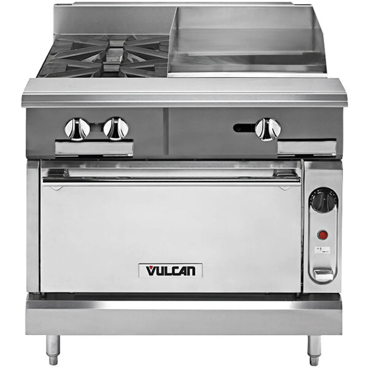 Vulcan V2BG8TS 36" Gas Heavy Duty Range w/ (2) Open Burners, 18" Griddle Right w/ Thermostatic Controls, (1) Standard Oven, 150.000 BTU