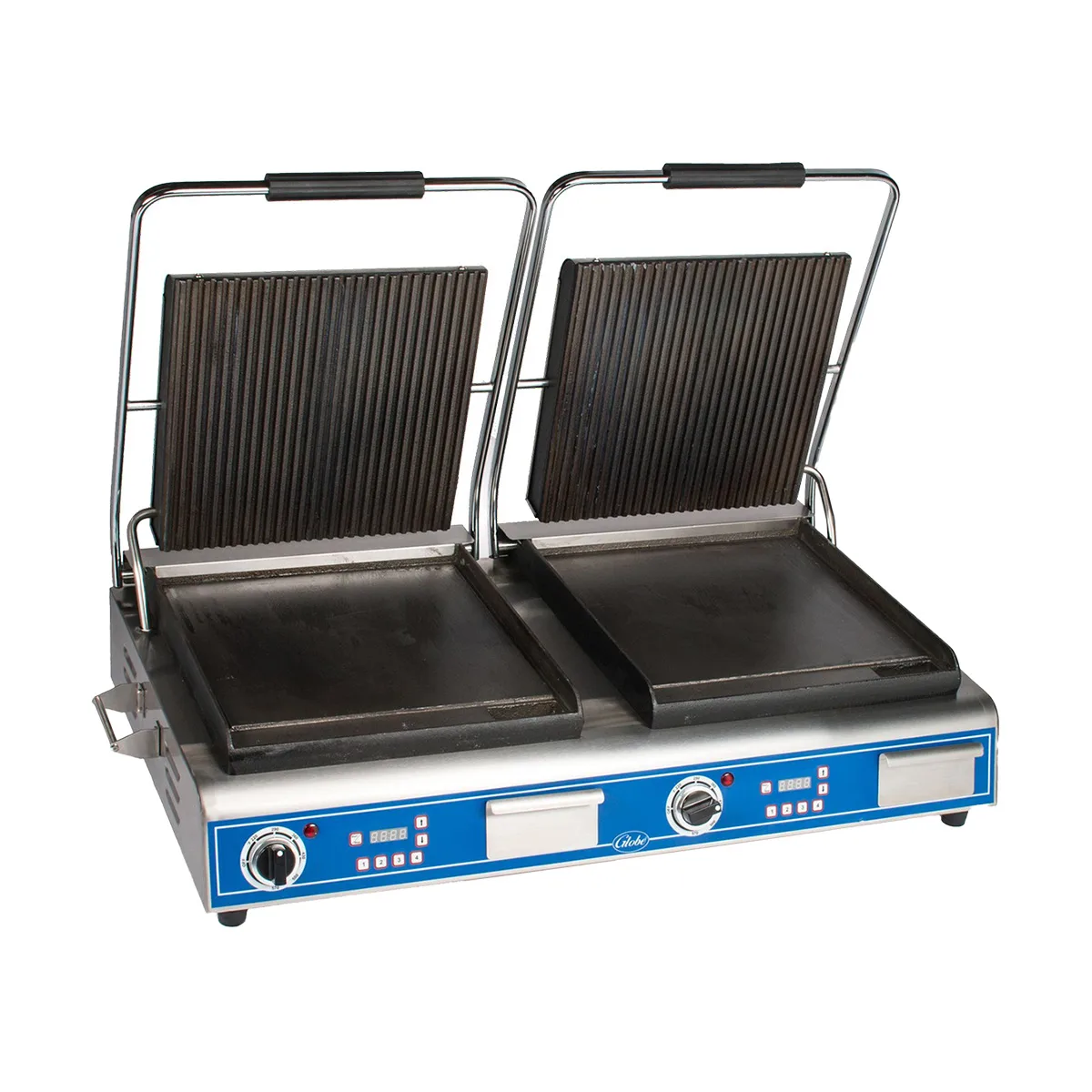 Globe GPGSDUE14D Double Sandwich Panini Grill w/ Timer, 14" x 14" Grooved & Smooth Plate, 208/240V