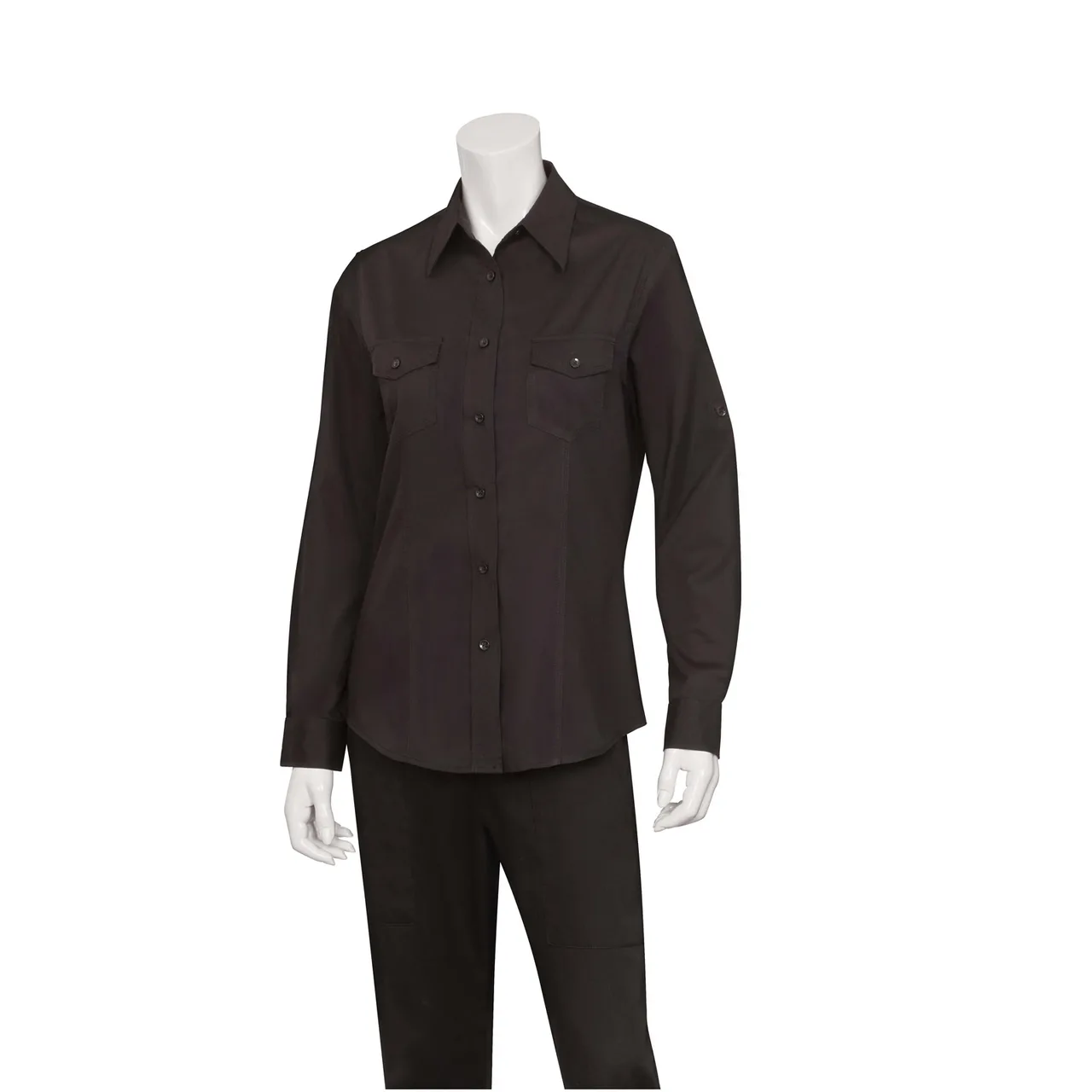 Chef Works WPDS-BLK-XS Women's Cook Shirt, Black, XSmall, Poly/Cotton, Long Sleeve, 2 Pockets