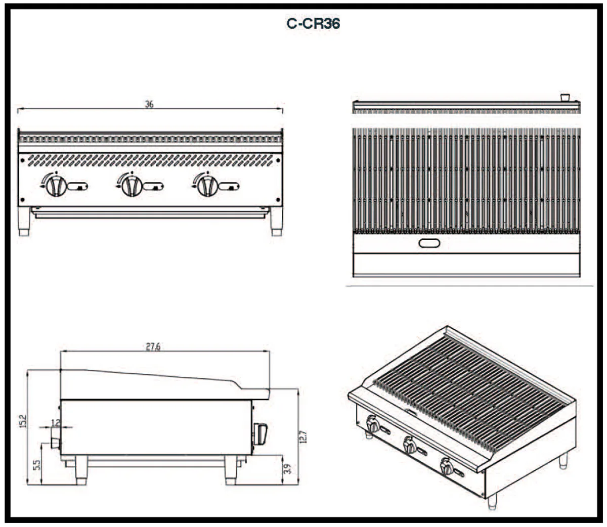 Migali C-CR36 36" Countertop Gas Lava Rock Charbroiler w/ (3) Burners, 105.000 BTU