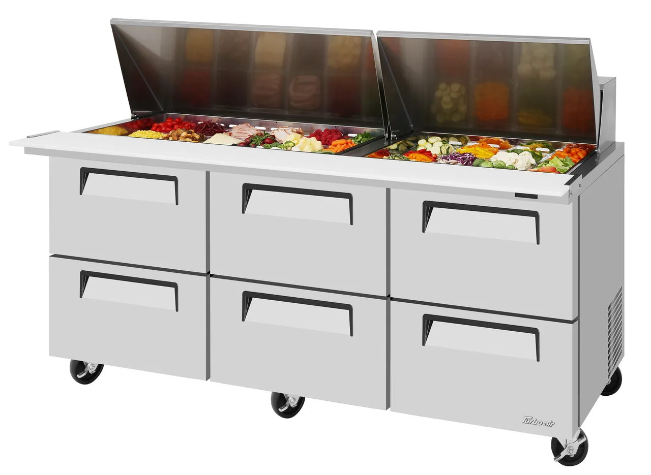 Turbo Air TST-72SD-30-D6-N 72" 6-Drawer Mega Top Sandwich and Salad Prep Table, 30 Pans, Stainless Steel