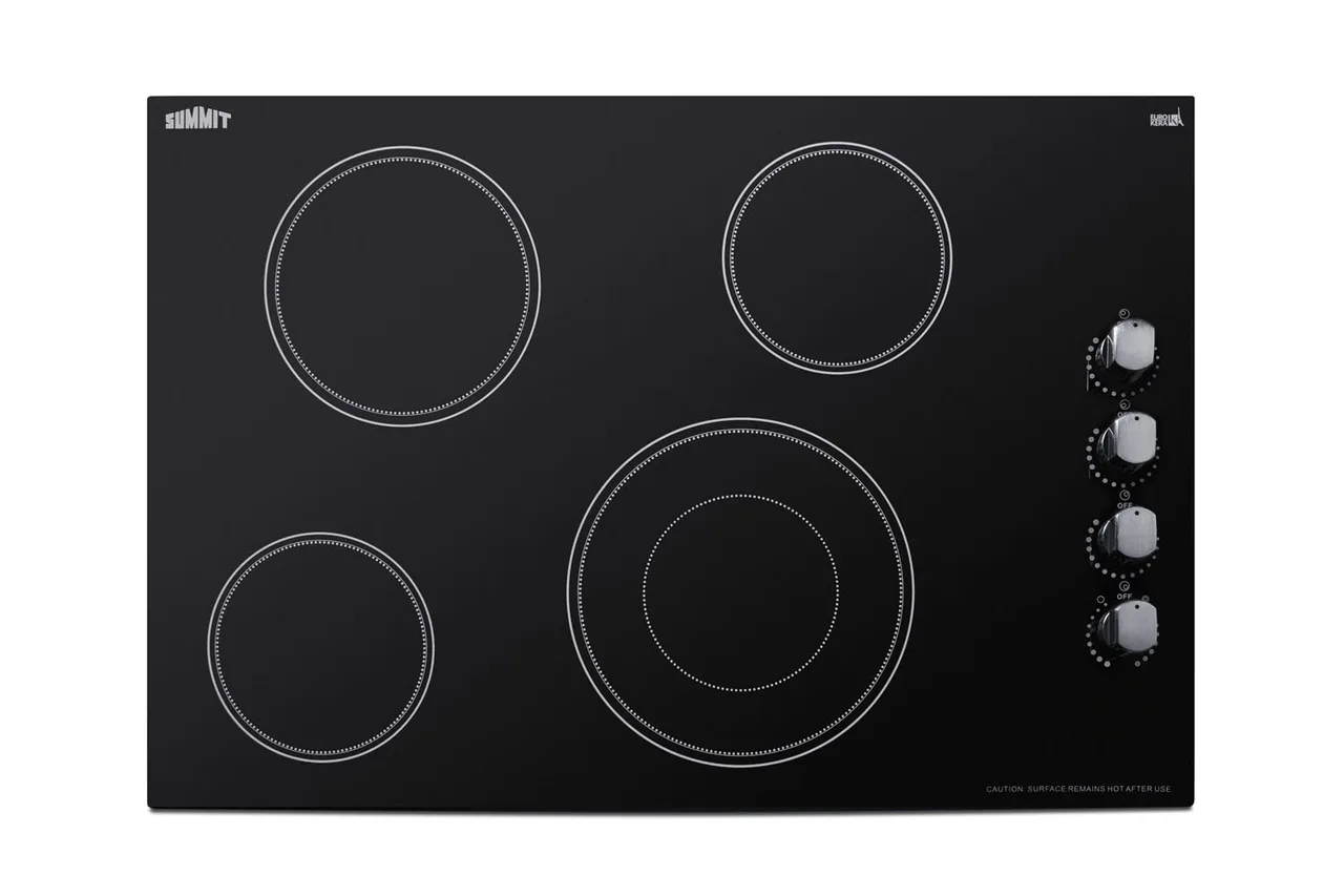 Summit CR4B30MB 30" Electric Radiant CookTop w/ (4) Burners, Black Ceramic Glass, Manual Controls, 6.0 kW, 240v