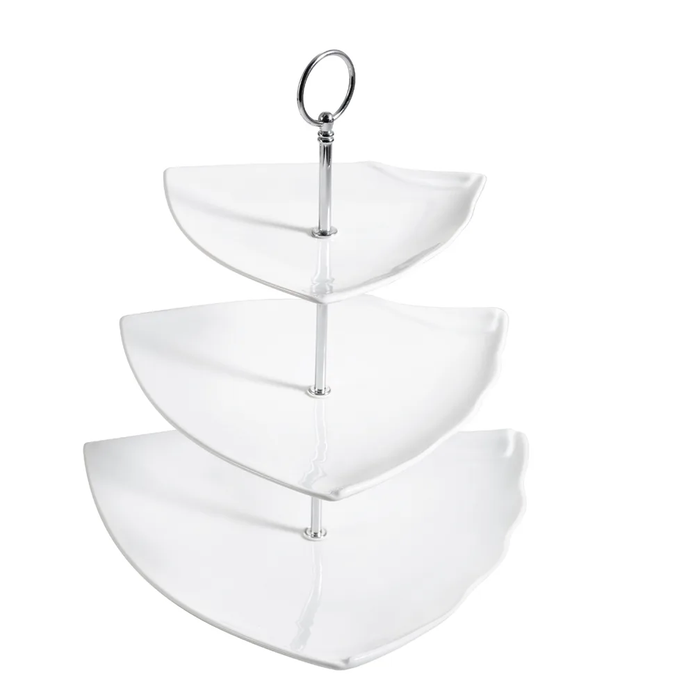 CAC China PTE-T3 3‑Tier Porcelain Serving Tray, 11‑3/4" Base, Super White, Dishwasher Safe - Set