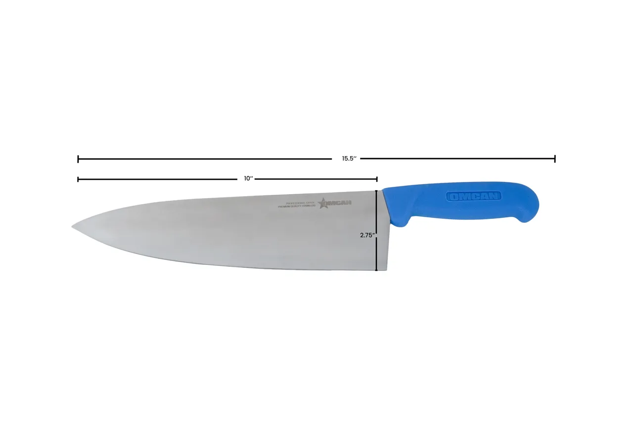 Omcan USA 12097 Chef Knife - 10" Medium Stamped Blade, Stainless Steel, Blue Polypropylene Handle