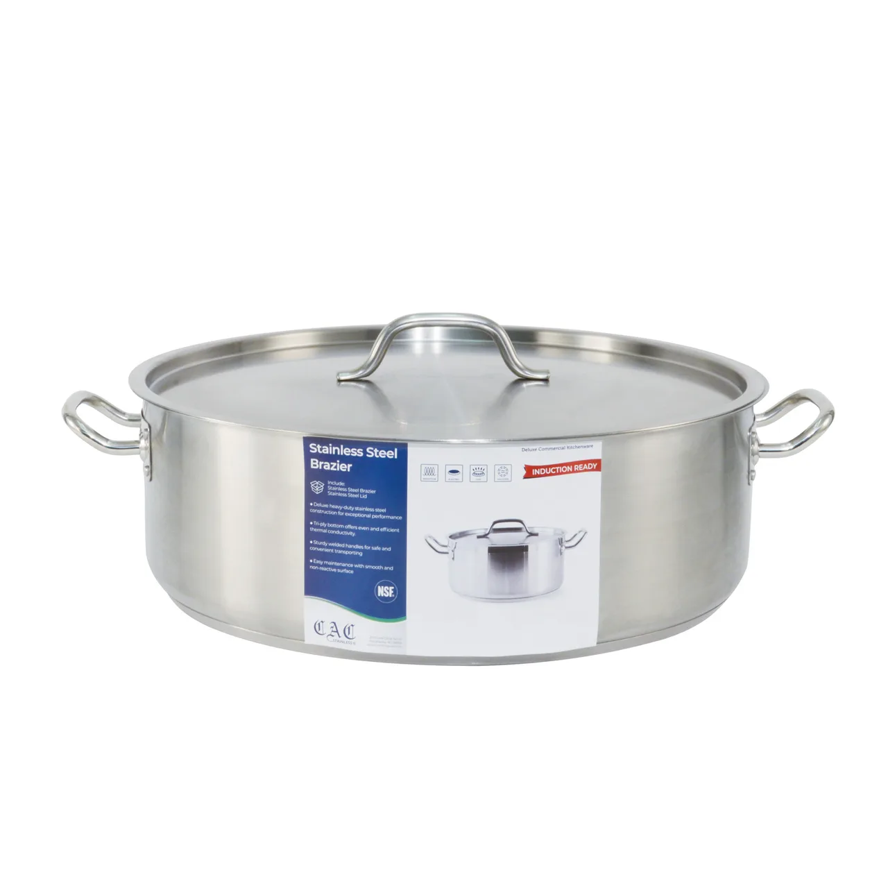 CAC China SSBZ-25 Brazier Pan, 25 Qt., Stainless Steel, Induction Ready, With Lid - Set