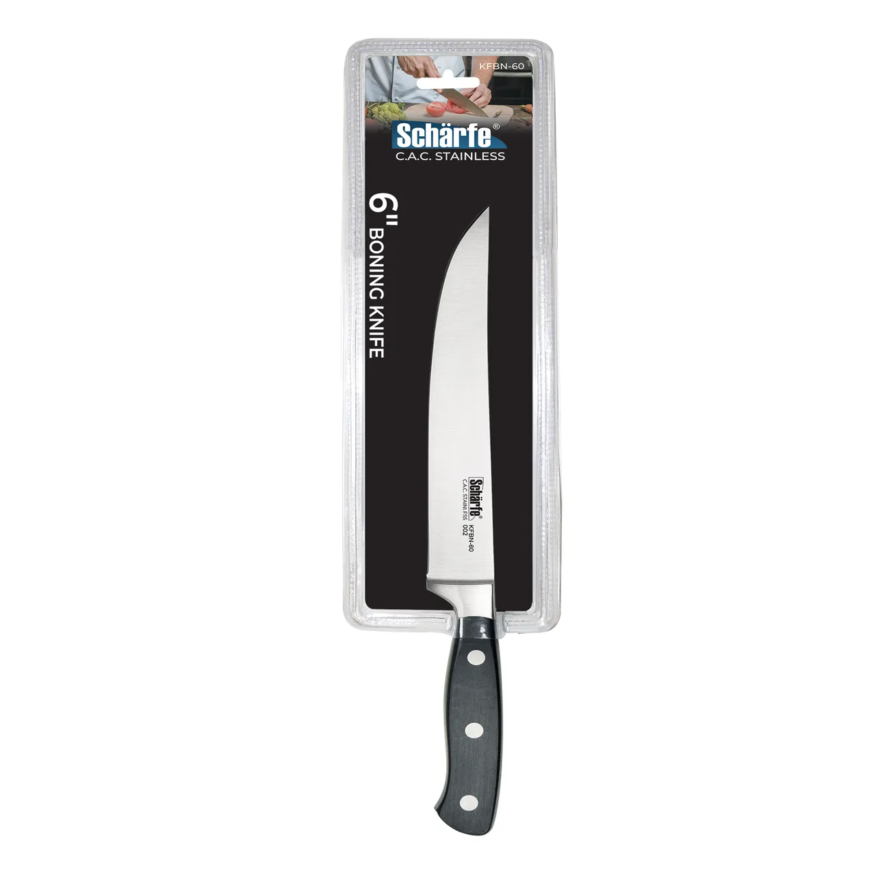 CAC China KFBN-60 Scharfe Boning Knife, 6" High-Carbon Steel, Ice-Tempered, Black Handle