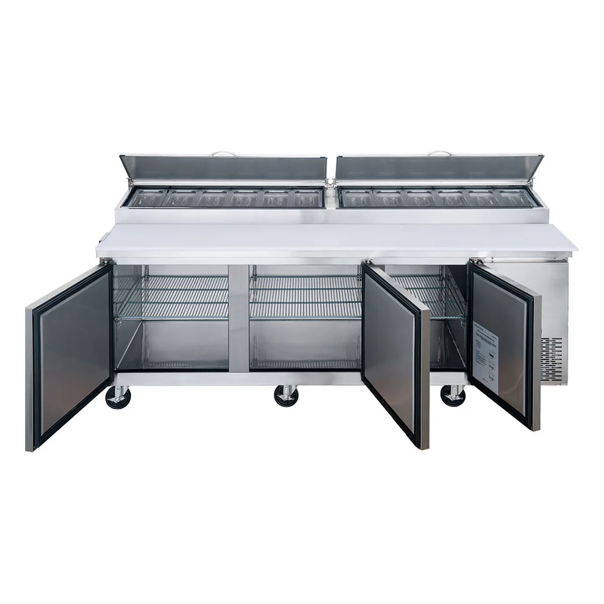 Dukers Appliance Co DPP90 90" Refrigerated Pizza Prep Table w/ 3 Doors, (12) 1/3 Size Pans 