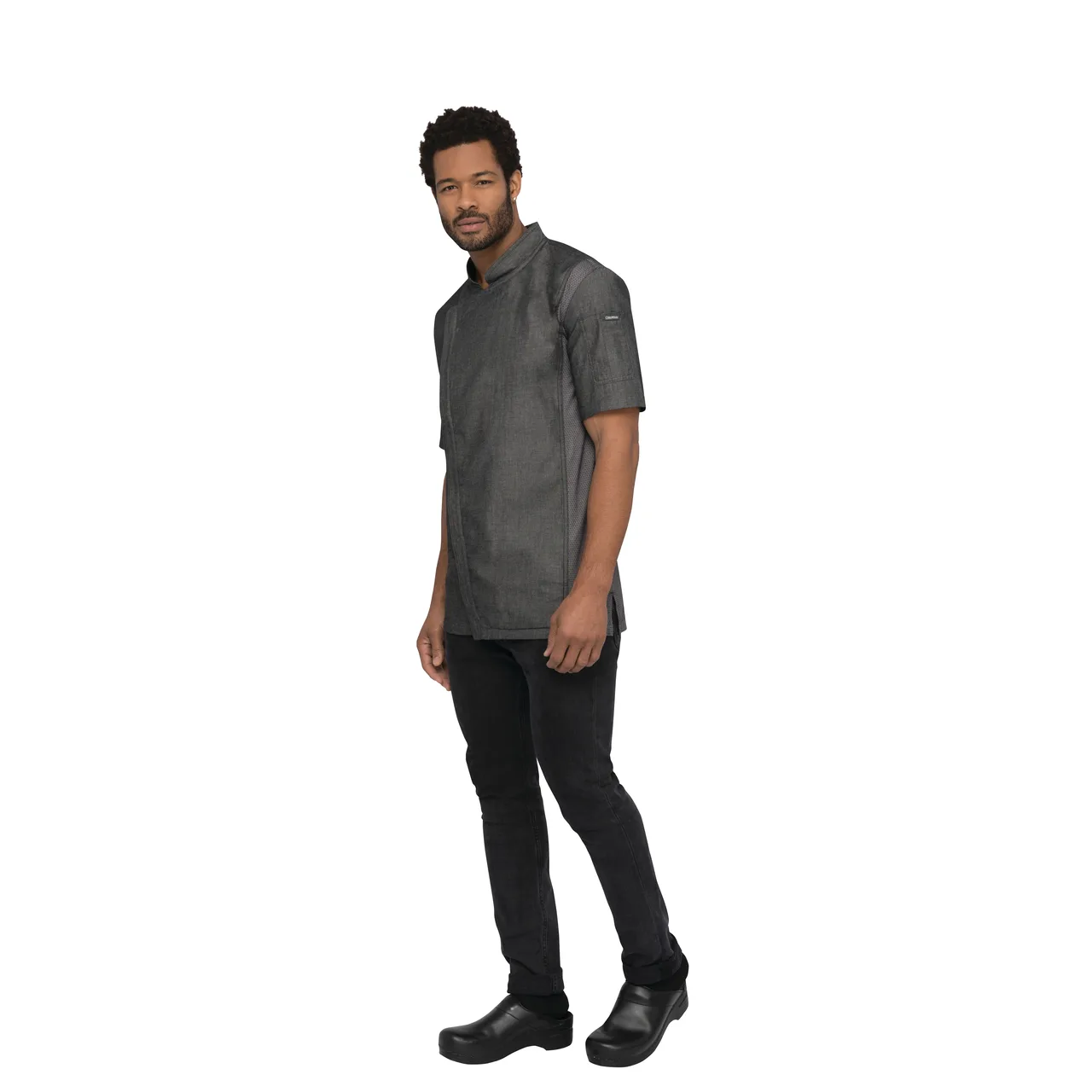 Chef Works CEZ01-BLK-S Chef Coat, Short Sleeve, Black, Small, Cotton Denim, 2‑Way Zipper