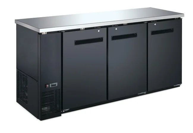 Omcan USA 59061 – 72-4/5" Back Bar Cooler, 18.5 Cu Ft, Black, 3 Doors, 33‑40°F, R290, 396W 115V