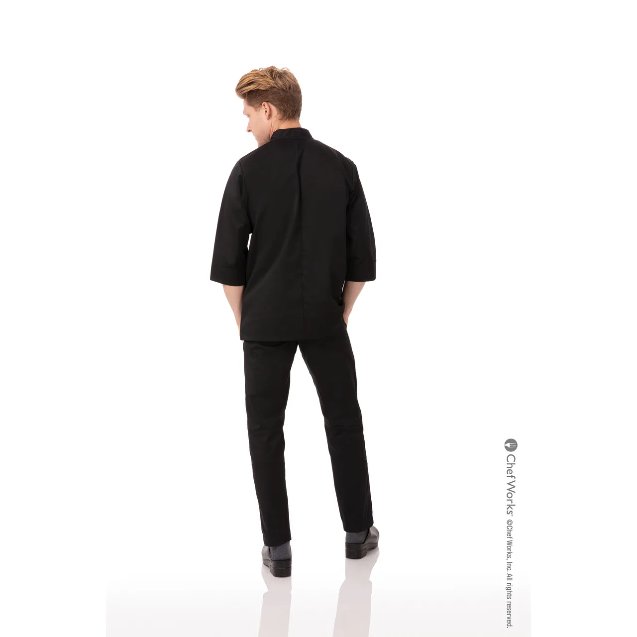 Chef Works JLCL-BLK-5XL - Morocco Double‑Breasted Chef Coat, 5XL Black, 65/35 Poly‑Cotton Twill, 3/4 Sleeve, Cloth‑Covered Buttons, Chest Patch & Thermometer Pockets