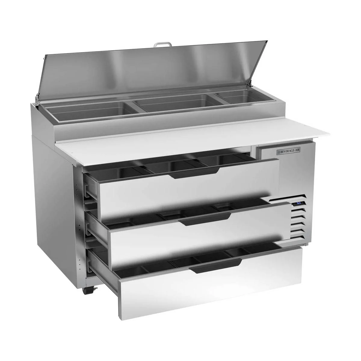 Beverage Air DPD60HC-3 60" 1-Section Refrigerated Pizza Prep Table w/ 3 Drawers, 12 cu. ft.