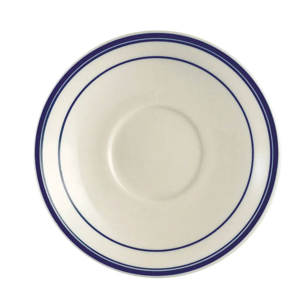 CAC China BLU-36 Blue Line Round Saucer, 4" Dia, Stoneware Ceramic, Blue Band/White Finish - 1 Dozen
