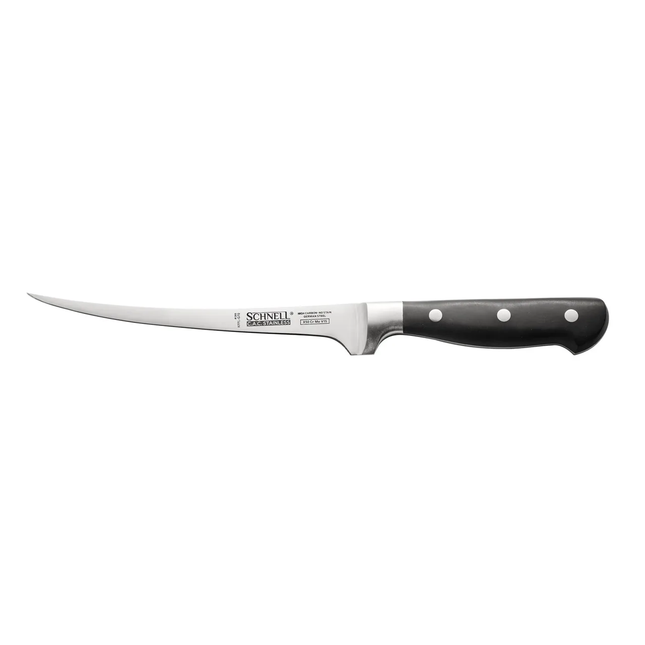 CAC China KFFL-G70 Schnell Fillet Knife, 7-1/4" Flexible, Forged, Carbon Steel Blade, Black Handle