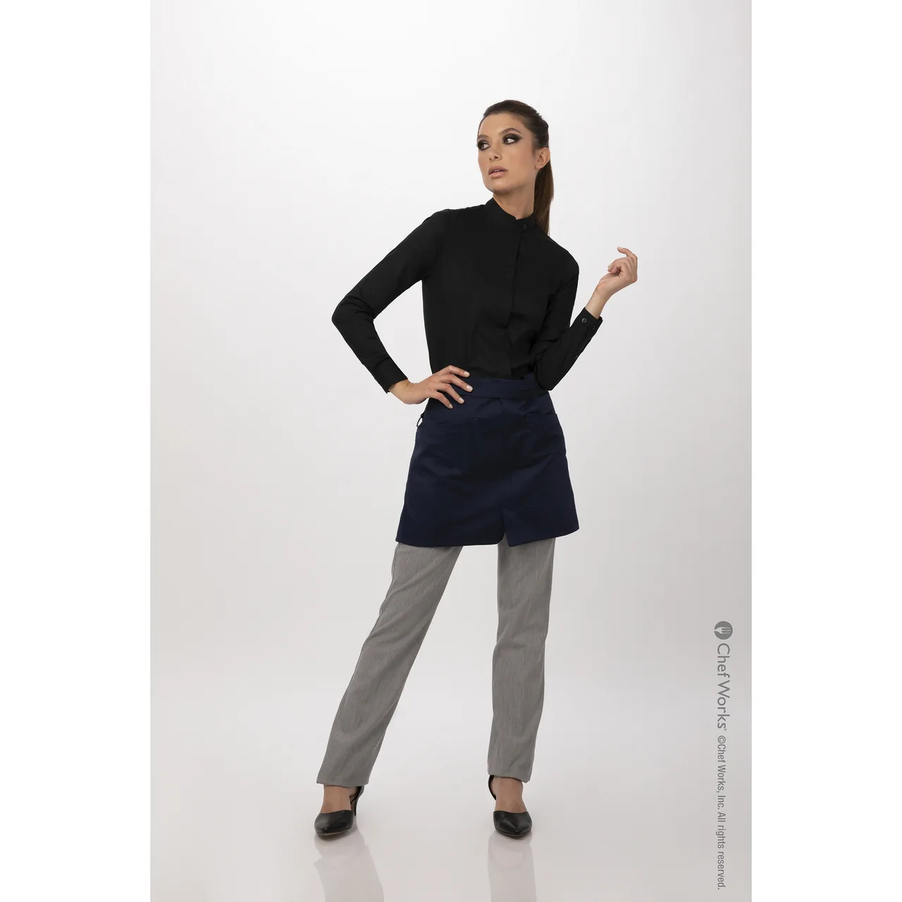 Chef Works AHN05-DNA-0 Largo Half Bistro Apron, 16"L x 38"W, Dark Navy, Poly/Cotton, Patch Pockets