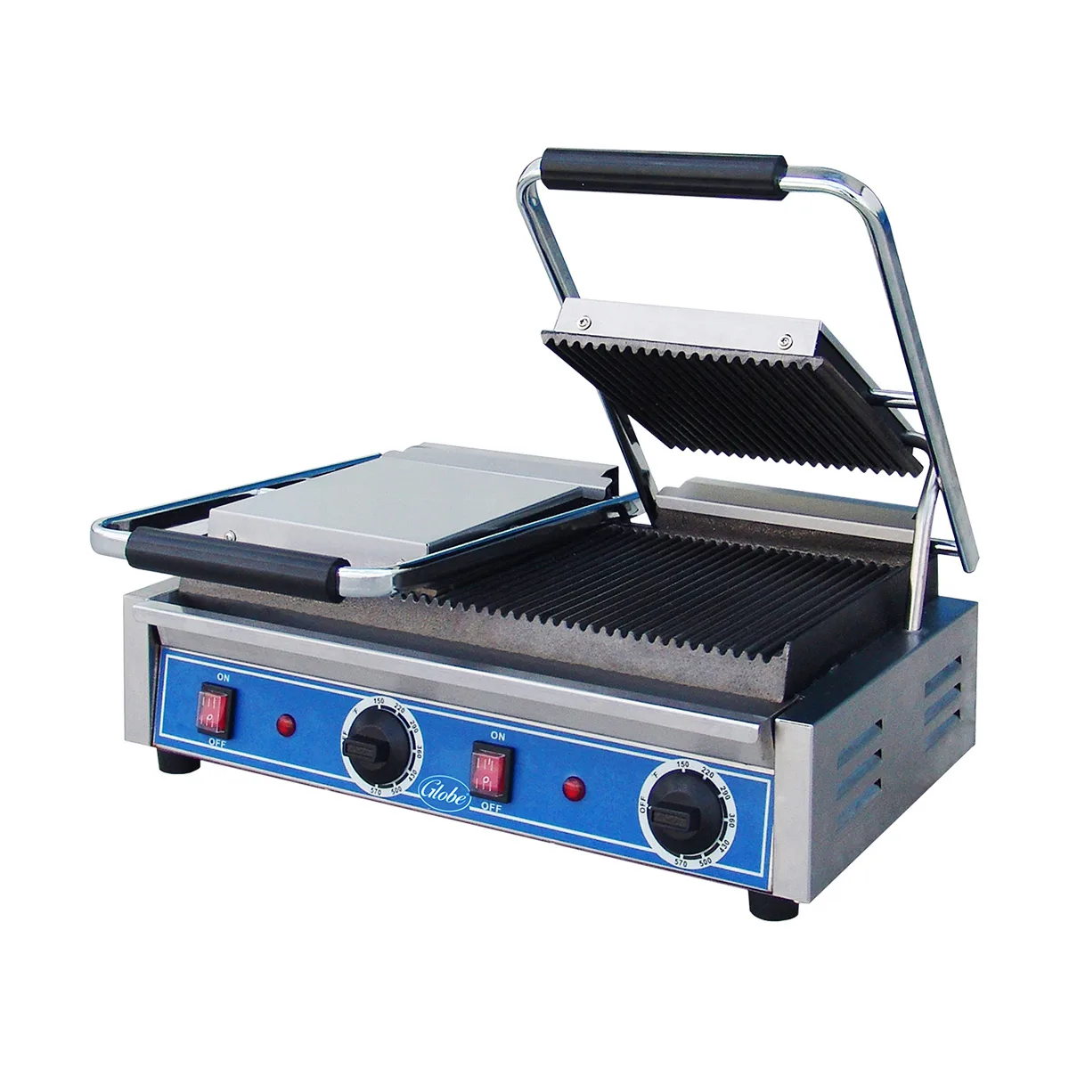 Globe GPGDUE10 21" Double Sandwich Panini Grill w/ 18" x 9" Grooved Plates, 240V