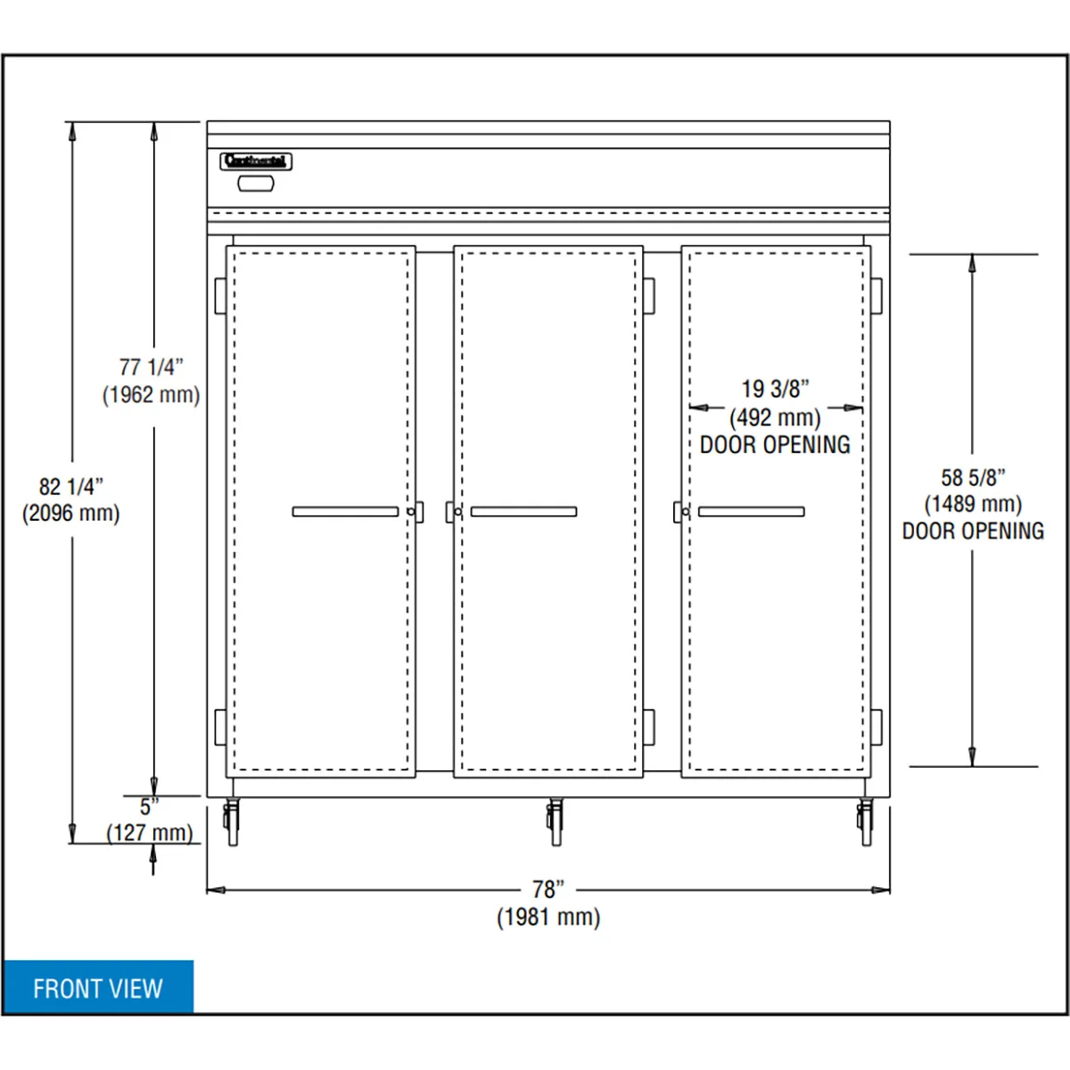 Continental Refrigerator 3RN 78" 3-Section Reach-In Refrigerator w/ 3 Solid Doors, Stainless Steel Front Aluminum Exterior, 70 cu.ft.