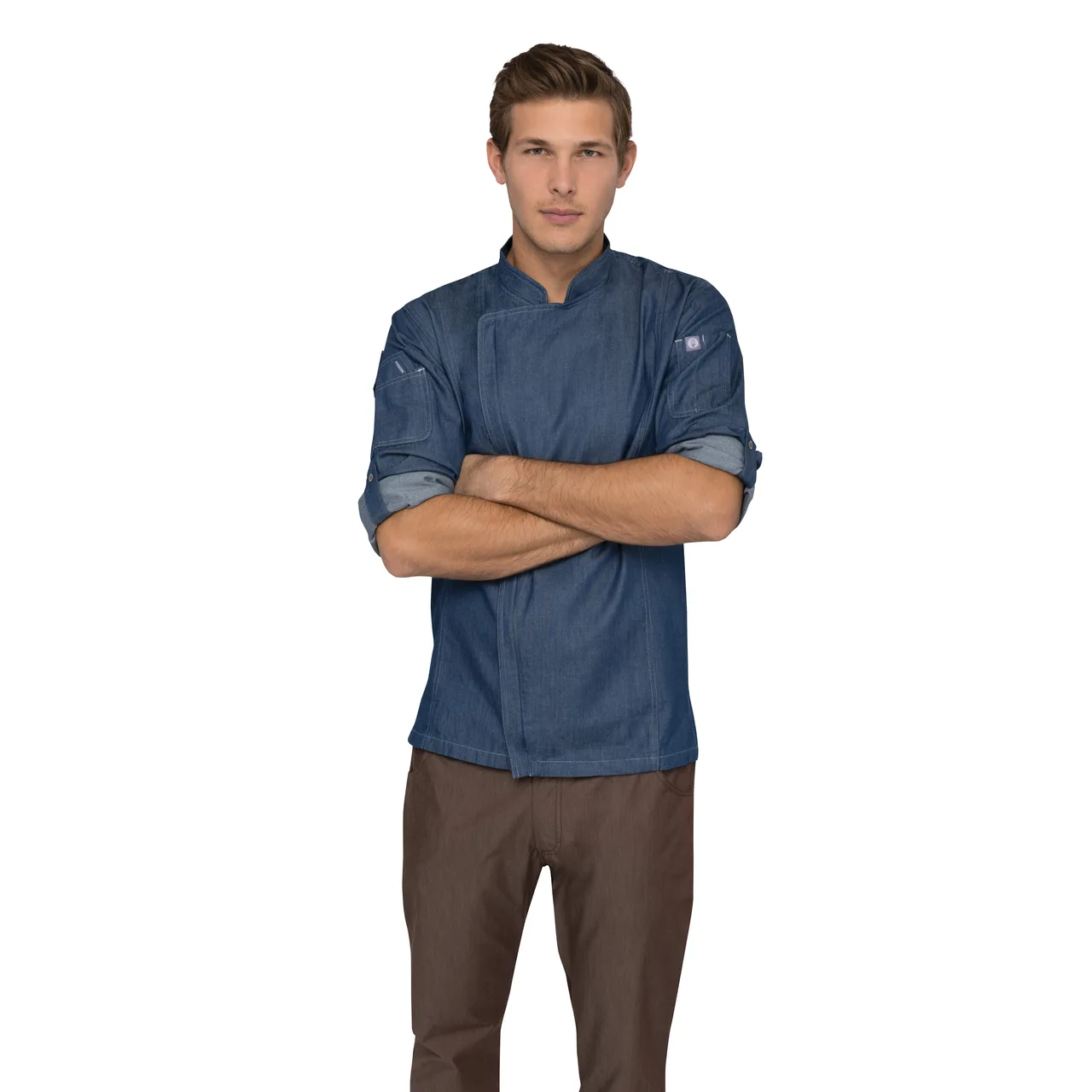 Chef Works EXDZ001-IBL-S Gramercy Chef Coat, Blue 100% Cotton Denim, Roll‑Up Sleeves, 2‑Way Zipper