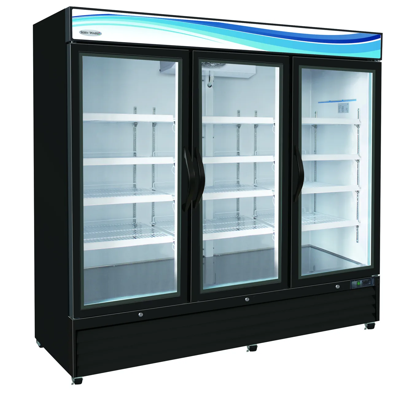 Serv-Ware GF72B-HC 83" Three-Section Glass Door Freezer Merchandiser, 23 cu ft, 5/8 HP Compressor, LED Display