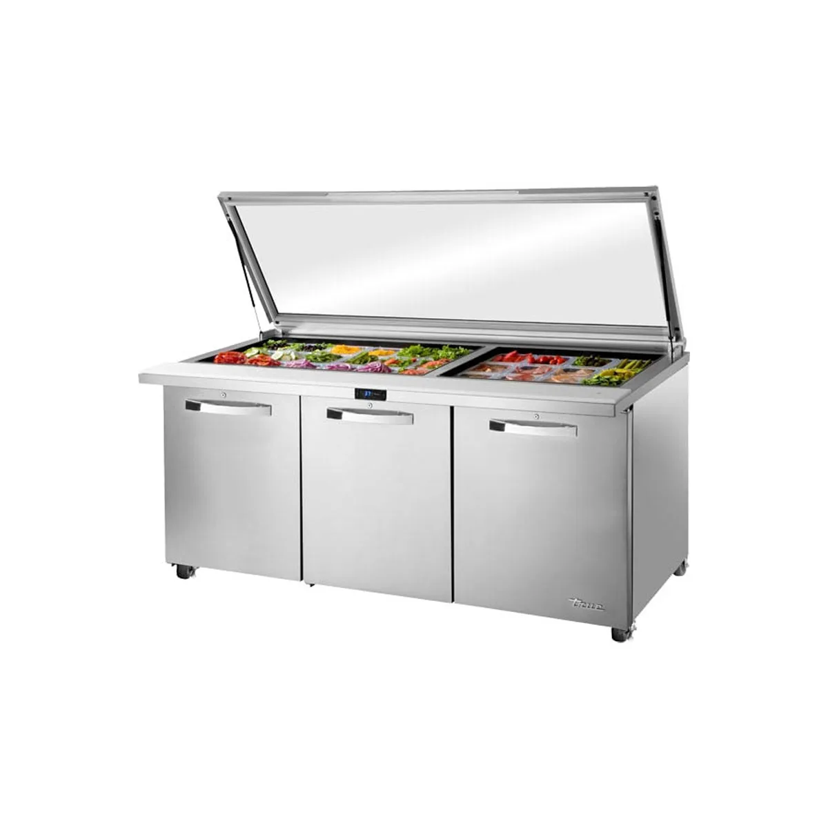 True TSSU-72-30M-B-ST-FGLID-HC~SPEC3 72" Mega Top Sandwich/Salad Prep Table w/ 3 Doors, 30 Pans